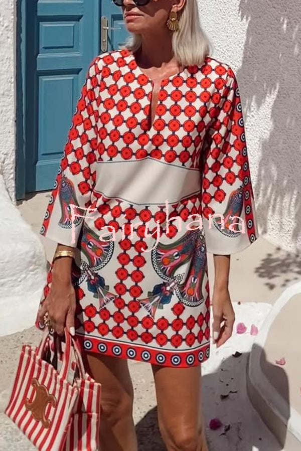 Unique Print V-Neck Loose Holiday Mini Dress