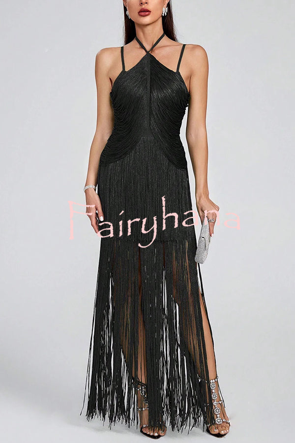 Sexy Halterneck Open Back Elegant Tassel Slim Maxi Dress