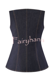Stassi Denim Square Neck Unique Button Up Princess Seams Vest Top