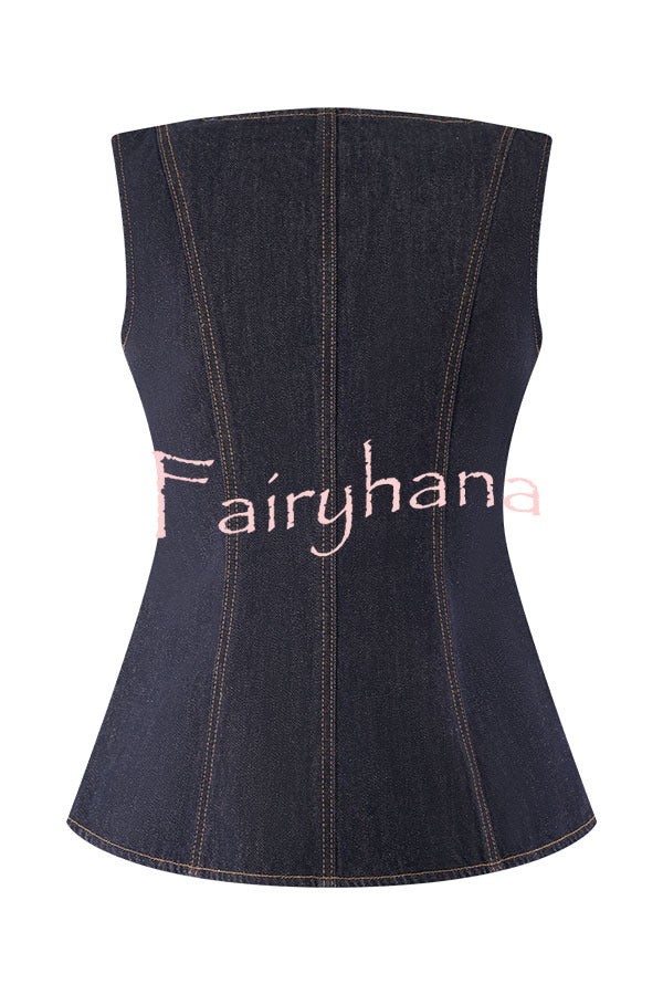 Stassi Denim Square Neck Unique Button Up Princess Seams Vest Top