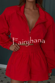 Solid Color Lapel Long-sleeved Loose Zipper Jacket and Elastic Waist Casual Shorts Set