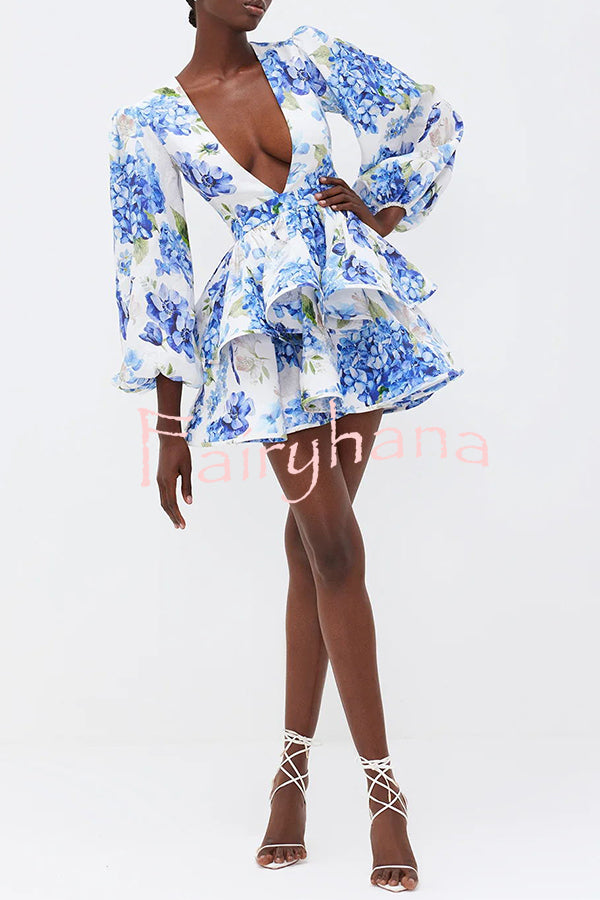 Feminine and Sexy Floral Print Deep V-neck Balloon Sleeve Tiered Mini Dress