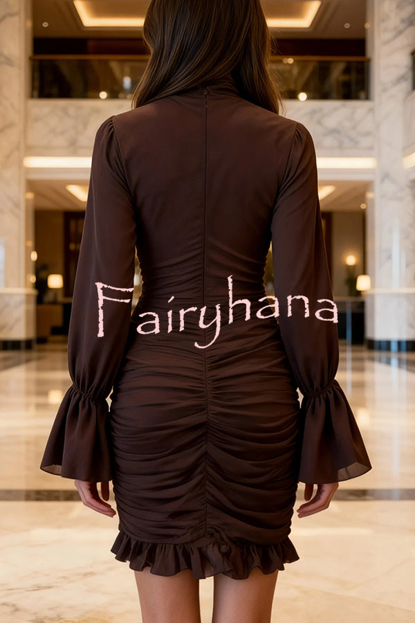 Sexy See-through Tulle High-neck Waist Pleated Ruffle Mini Dress