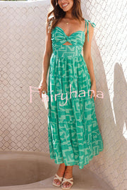 Unique Printed Suspender Tie Back Pleated Midi Dress