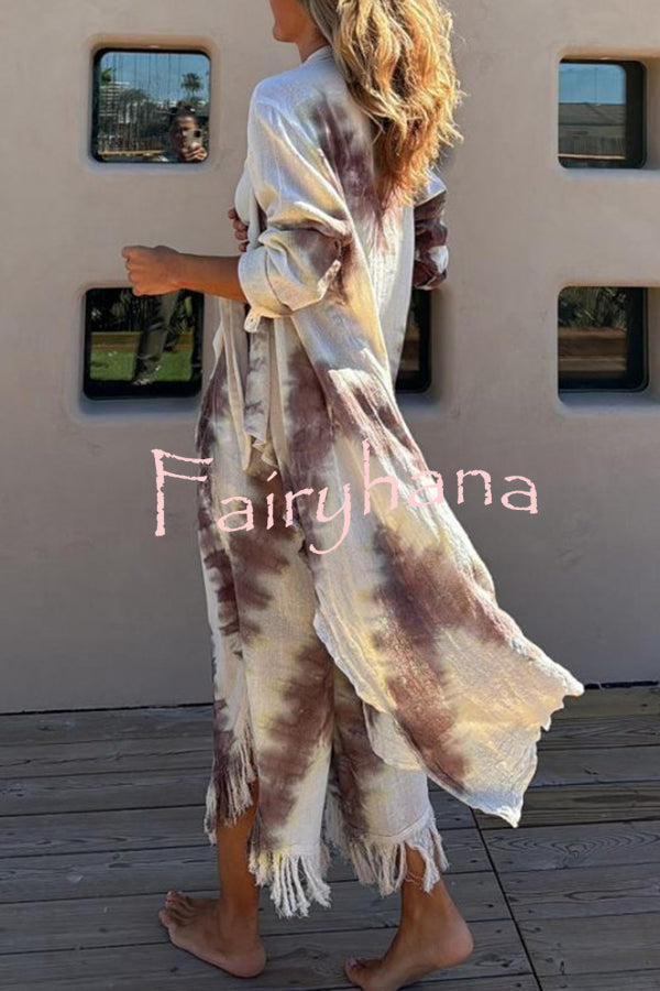 Kailani Linen Blend Tie-dye Print Irregular Hem Duster Kimono