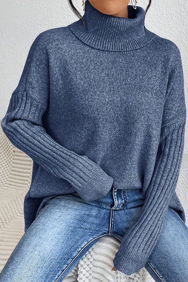 Solid Color High Collar Long Sleeve Loose Knitted Sweater