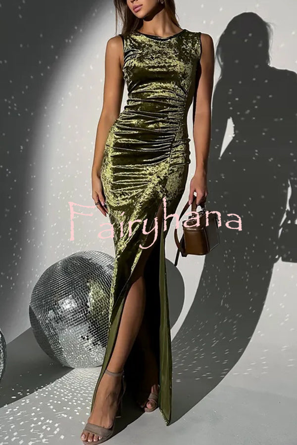 Solid Color Velvet Round Neck Sleeveless Slim Slit Maxi Dress