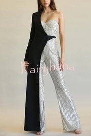 Fashionable Sequined Patchwork One-sided Long-sleeved Asymmetrical Jumpsuit