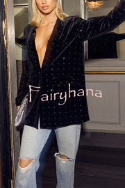 Runway Muse Embellished Velvet Long Sleeve Pocketed Lapel Blazer