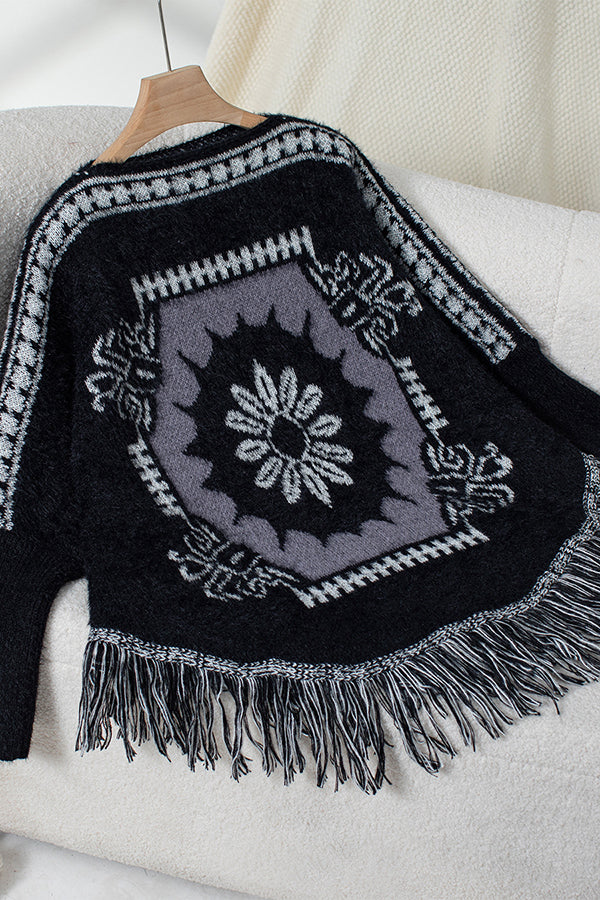 Ethnic Style Loose Long-sleeved Tassel Hem Knitted Sweater