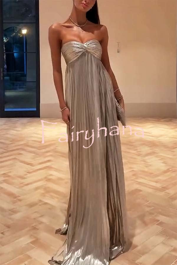 Night Elf Metallic Fabric Pleated Off Shoulder Twist Bust Slit Maxi Dress
