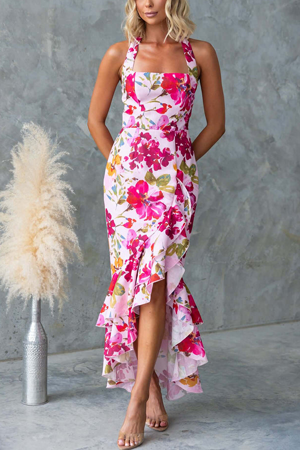 Floral Fantasy Printed Halterneck Backless Slit Ruffles Maxi Dress