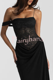 Sexy See-Through Lace Suspender Slim Slit Maxi Dress