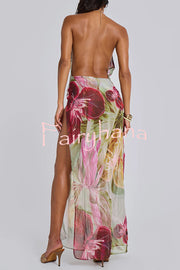 Floral Print Sexy Backless Slit See-Through Holiday Maxi Dress