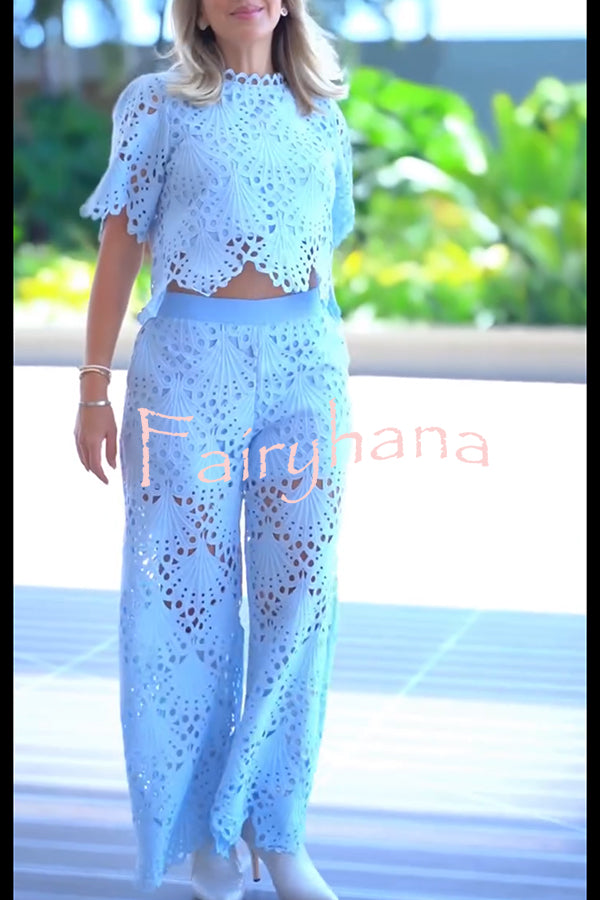 Eliose Scallop Cutout Embroidery Lace Elastic Waist Pocket Loose Pants