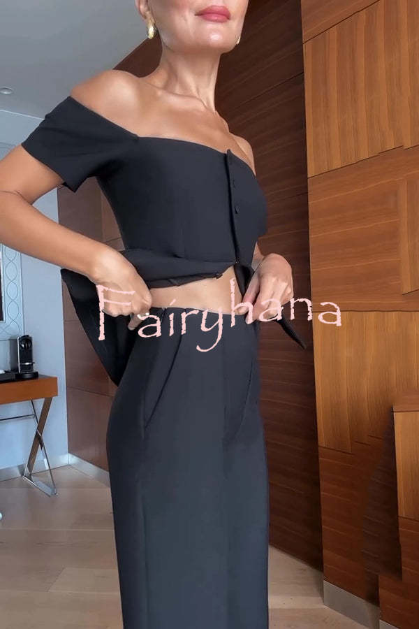 Solid Color Off-the-shoulder Single-breasted Top and Casual Pocket Straight-leg Pants Set