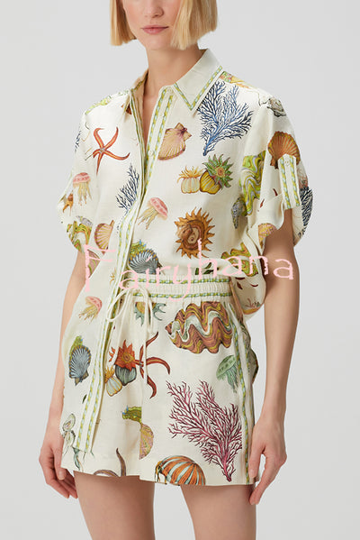 Beach Shell Print Short Sleeve Loose Shirt and Elastic Waist Tie Casual Pocket Shorts Set