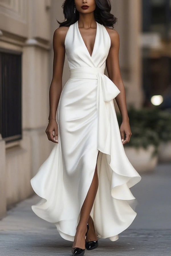 Solid Color Elegant V-neck Waist Irregular Ruffle Maxi Dress