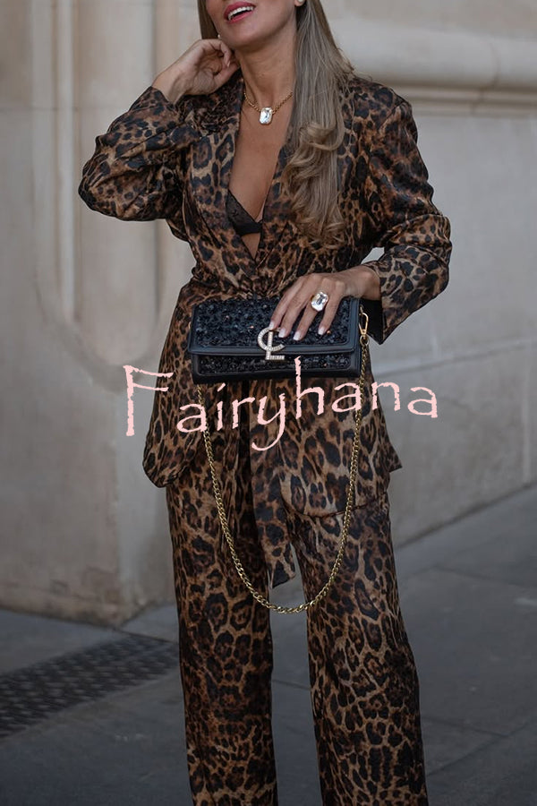 Chic View Leopard Print Tie-up Waist Lapel Blazer and Elastic Waist Loose Pants Set