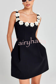 Cindy Faux Pearl Flower Applique Square Neck Pocketed Mini Dress