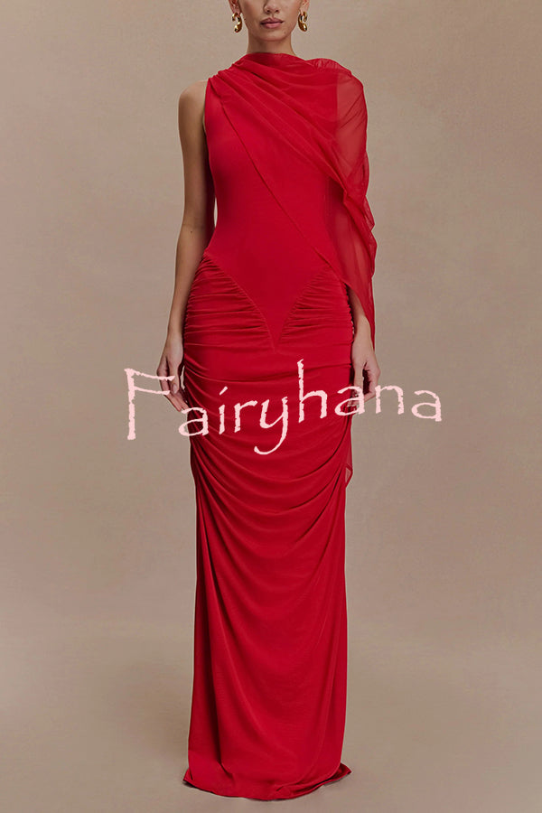 Fashionable Mesh Shawl Sleeveless Slim Fit Pleated Maxi Dress