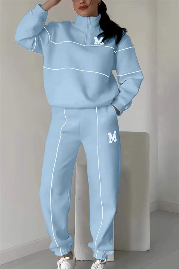 Fashionable Letter Striped Long-sleeved Sweatshirt and Elastic Waist Casual Pocket Pants Set