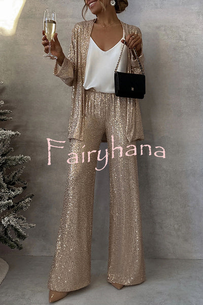 Party Scene Sequin High Rise Elastic Waist Wide Leg  Pants