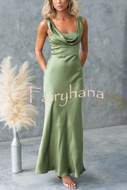 Chic Muse Satin Solid Color Cowl Neck Back Tie-up Maxi Dress