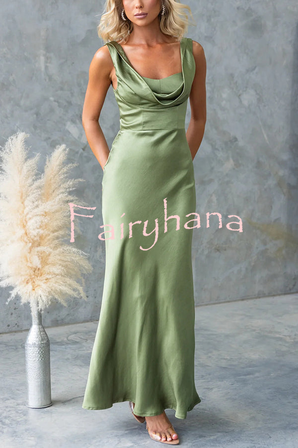 Chic Muse Satin Solid Color Cowl Neck Back Tie-up Maxi Dress