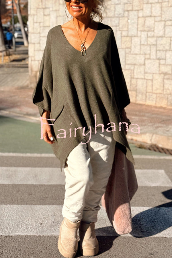 Fashion V-neck Loose Pocket Mid-length Knitted Sweater