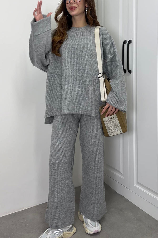 Solid Color Loose Long-sleeved Knit Top and Elastic Waist Casual Straight Leg Pants Set