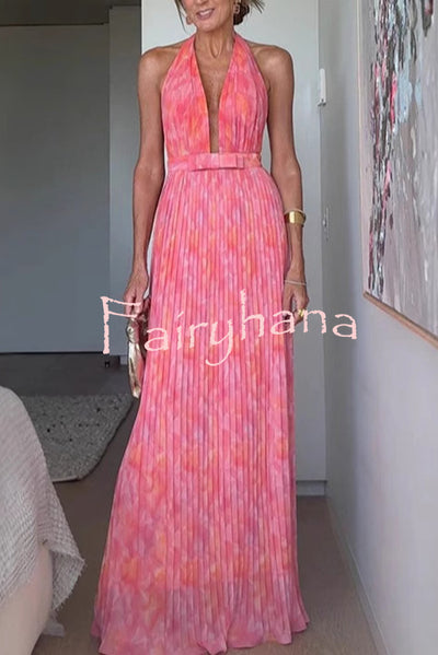 Unique Print Sexy Halter Neck Tie Pleated Vacation Maxi Dress