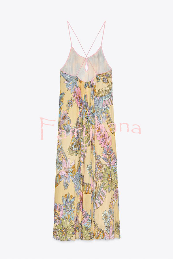 Plant Print Halter Back Loose Holiday Maxi Dress
