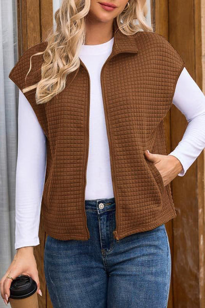 Solid Waffle Sleeveless Zipper Pocket Casual Vest