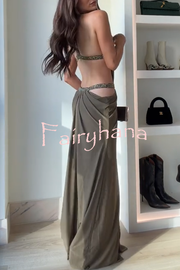 Khaki Hot-fix Rhinestone Shoulder Strap Cutout Design Backless Drape Maxi Dress