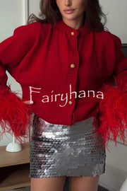 Solid Color Elegant Feather Long Sleeve Casual Knitted Cardigan