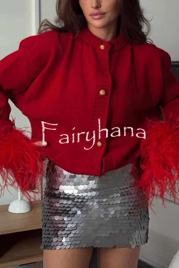 Solid Color Elegant Feather Long Sleeve Casual Knitted Cardigan