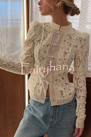 Fashion Hollow Lace Stand Collar Long Sleeve Slim Shirt