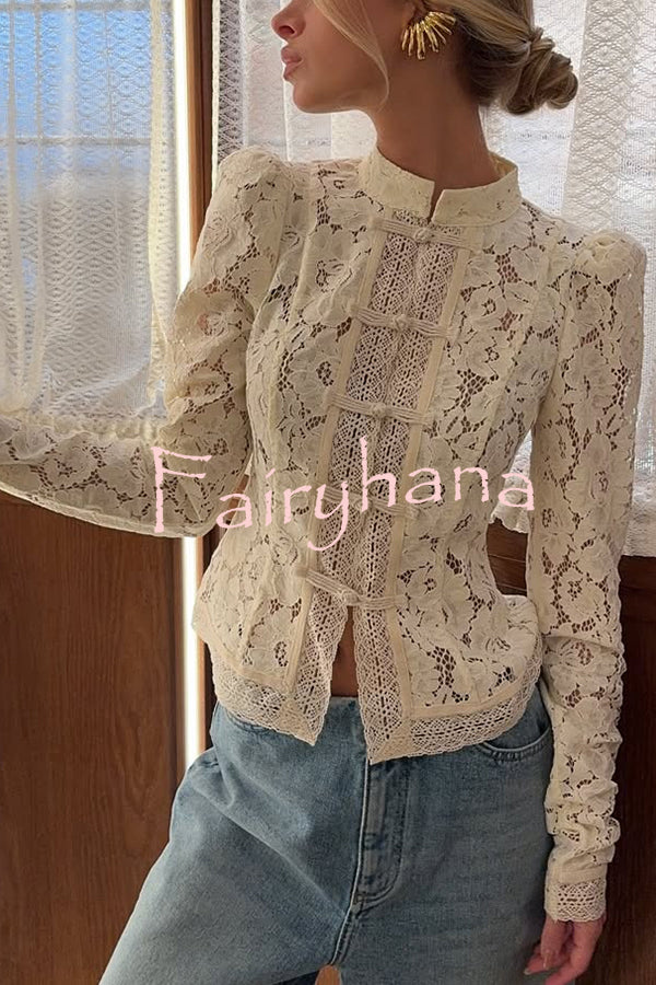 Fashion Hollow Lace Stand Collar Long Sleeve Slim Shirt