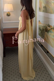 Butter Yellow Ruched Bust Off Shoulder Scarf A-line Maxi Dress