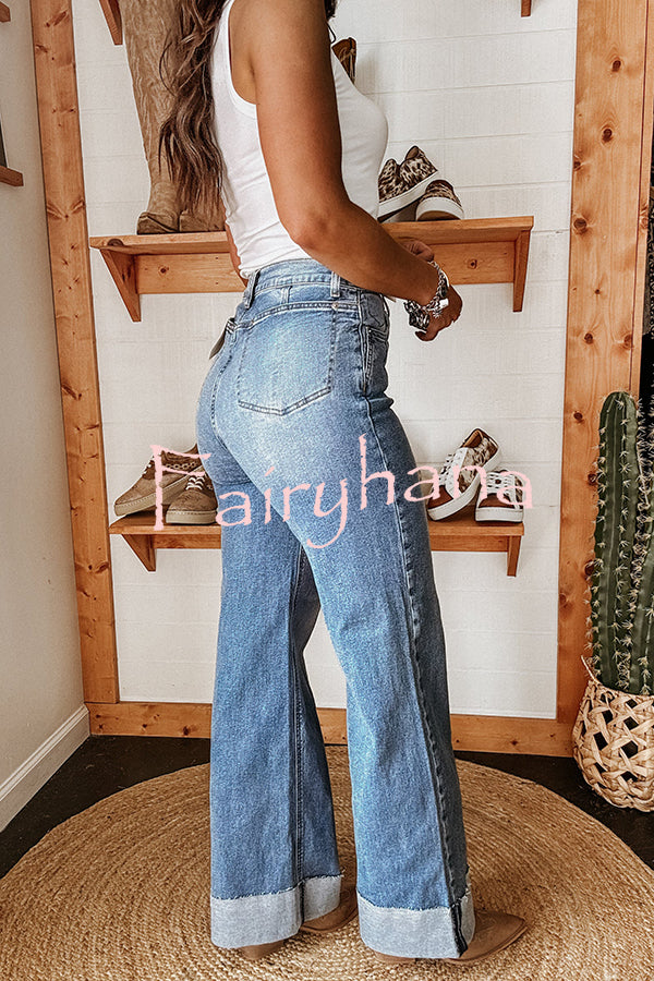 Fashion High Waist Pocket Casual Straight Jeans