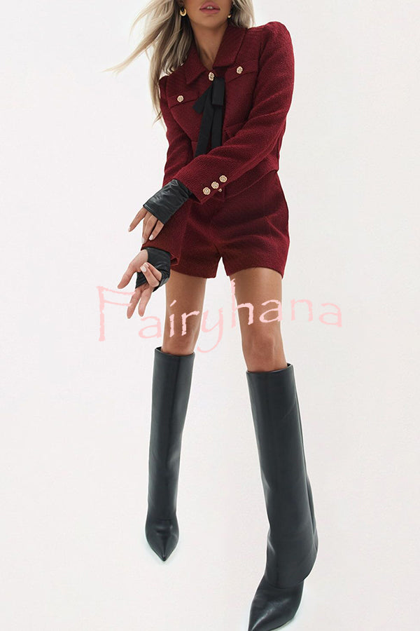 Sweet Dreams Tweed Bow Neck Button Long Sleeve Pocket Crop Jacket