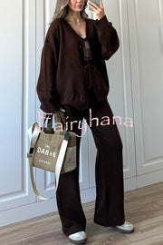 Solid Color V-neck Tie Long-sleeved Loose Knit Cardigan and Elastic Waist Casual Straight Leg Pants Set