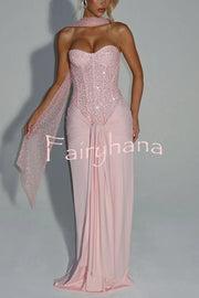 Carina Sequined and Satin Jersey Off Shoulder Ruched Knot Drape Maxi Dress
