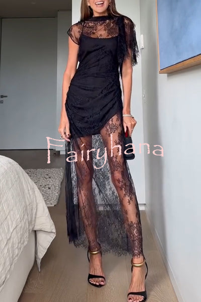 Romantic Statement Lace One Shoulder Bell Sleeve Asymmetrical Maxi Dress