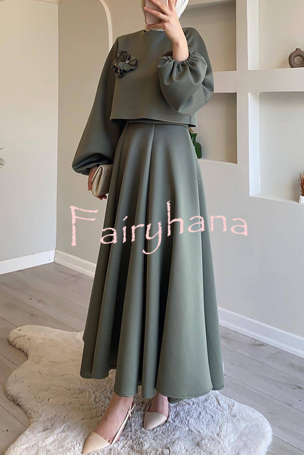 Solid Color Flower-embellished Lantern Sleeve Loose Top and Casual Maxi Skirt Set