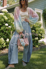 Palette Day Knit Color Blocks Open Front Balloon Sleeve Loose Cardigan