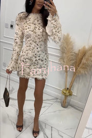 Twilight Ember Knit Sequin Tassels Wide Neck Long Bell Sleeve Mini Dress