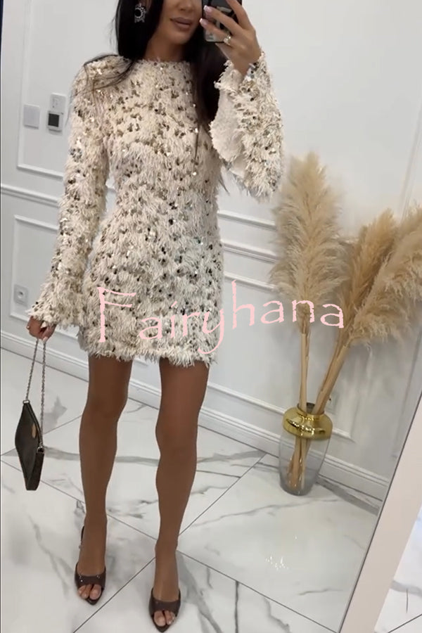Twilight Ember Knit Sequin Tassels Wide Neck Long Bell Sleeve Mini Dress