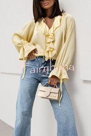 Satin Solid Color V-neck Tie Ruffle Casual Shirt